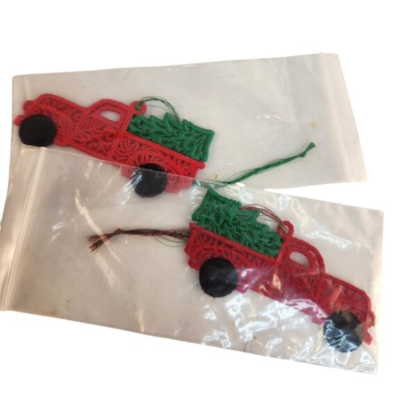 Embroidered Red Truck Christmas Ornaments Set Of 2 Handmade - Picture 4 of 8